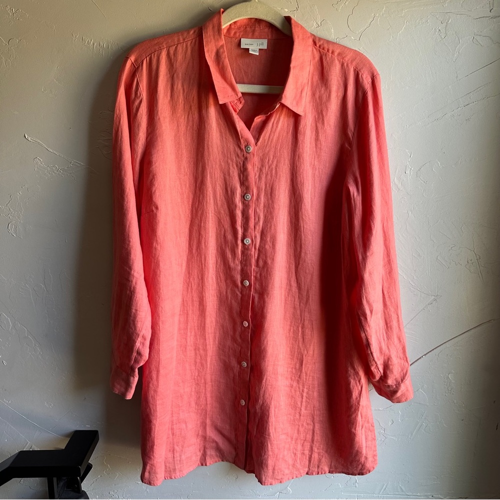 J Jill 100% Linen Button Up Tunic Top Coral Natural Lightweight Minimalist Sz LP